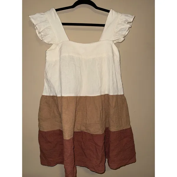 Entro Women Babydoll Cotton Gauze colorblock Pockets Tiered Mini Dress S Cottage - Image 3