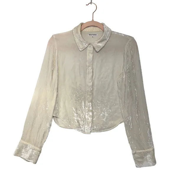 Reformation Willa‎ Velvet Button Down Top Cream Ivory Long Sleeve Small - Image 2