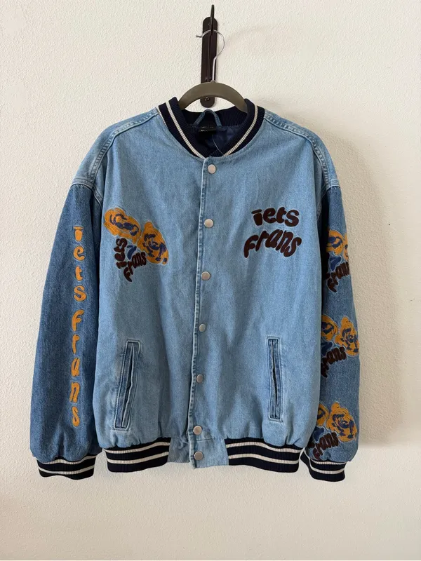 iets frans Blue Denim Embroidered Varsity Jacket Size XS - Image 3