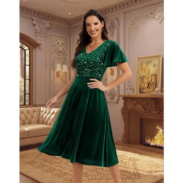 NEW Formal Green Sparkly Velvet Midi Dress XL - Image 7