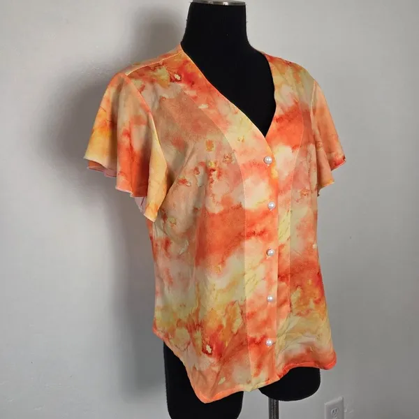 Orange Tie Dye Blouse Top Flutter Sleeves Feminine Fun Summer Hippie Gypsy Large - Image 2