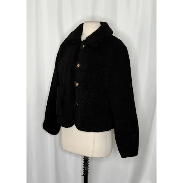 ZARA Black Sherpa Fuzzy Fleece Teddy‎ Coat Faux Shearling Snaps Pockets Small - Image 6