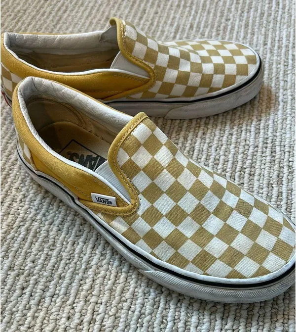 Gold and White Checkerboard Vans Slip Ons Women’s 7 - Image 5