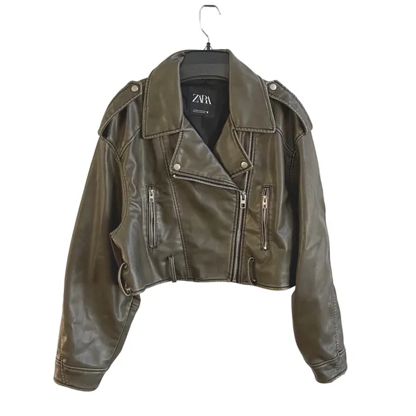 Zara Moto Jacket Women Small Olive Green Edgy Cropped Faux Leather Biker Coat - Image 4