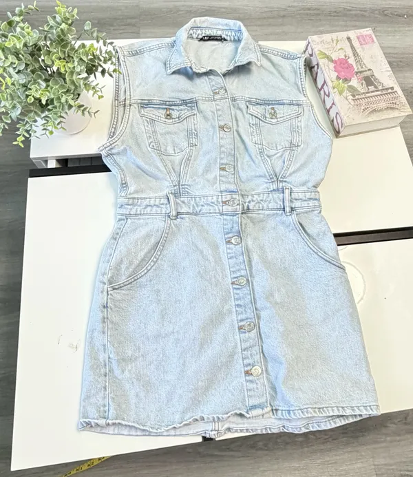 ✨ ZARA Light Wash Denim Vest Mini Dress | Size L | Button Front Sleeveless 👗 - Image 7