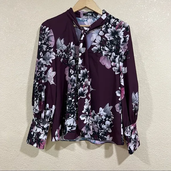 Natori Purple Floral Neck Tie Button Down Blouse - Image 4