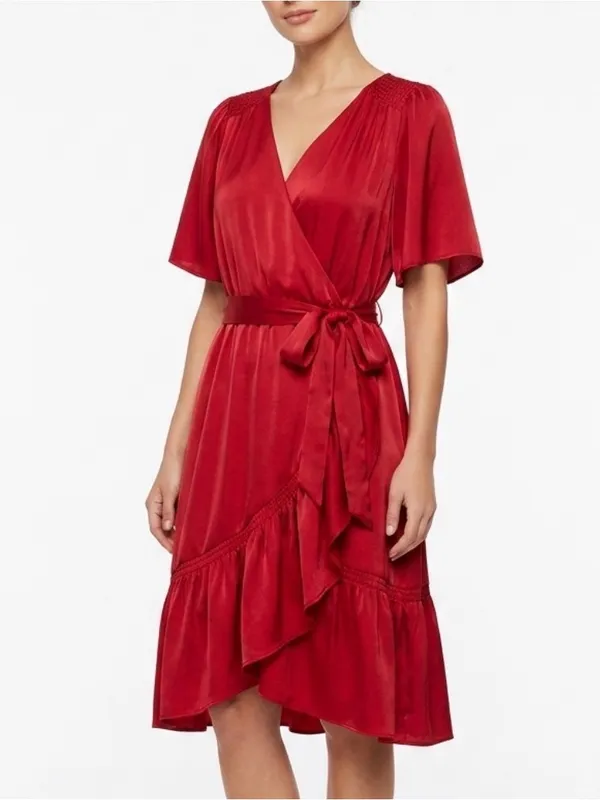 Maurices Deep Red Semi Satin Faux Wrap Ruffle Midi Dress Size Medium - Image 13