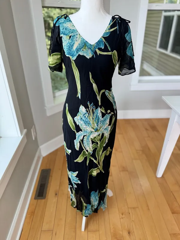 Vintage 90’s Dressbarn Black Blue Floral Beaded V Neck Bias Cut Slip Dress Sz M - Image 2