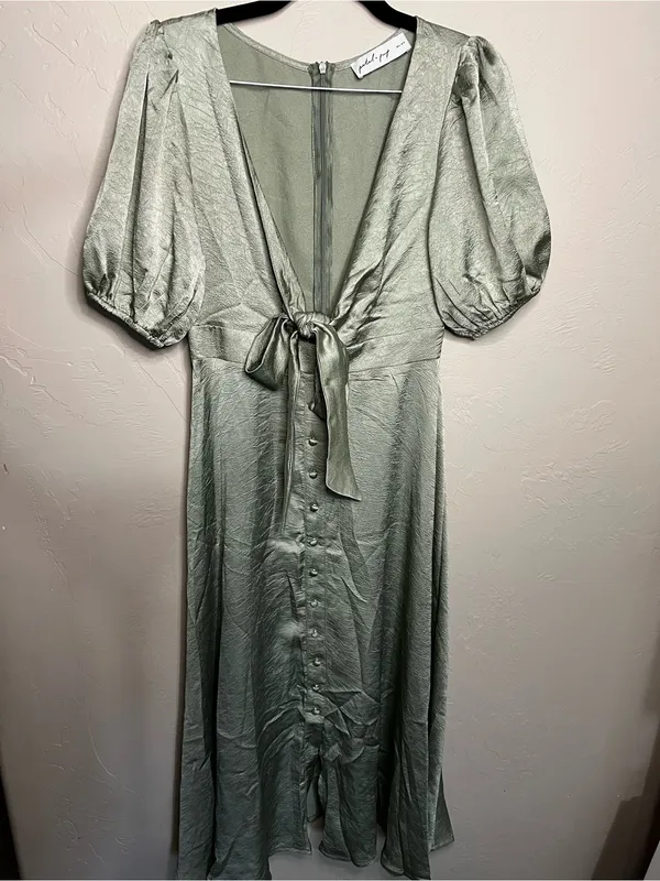 Petal & Pup Piper Sage Green Shiny Tie Front Button Front Midi Dress - Image 2
