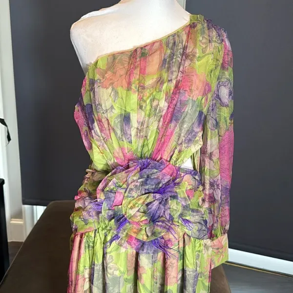 Women’s Floral One Shoulder Lightweight Summer Dress Leg Slit Cut Outs Size M - Image 2