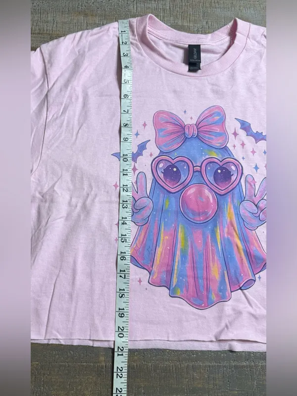 Gildan Light Pink Crop Long-Sleeve Tee with Rainbow Ghost Graphic - Image 7