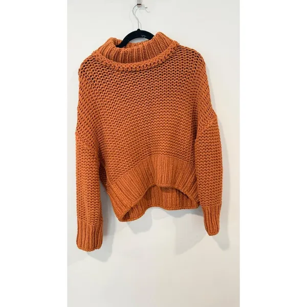 Free People Chunky Knit Turtleneck Sweater Rust Orange Small Cozy BoHo 3086 - Image 2