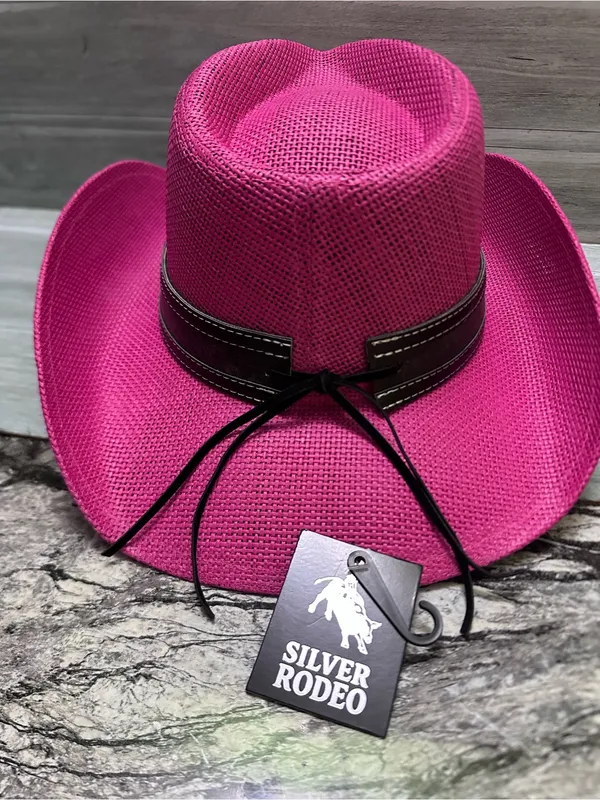 Silver Rodeo Women's Pink Straw Cowboy Hat with Studded Western Band - Image 7