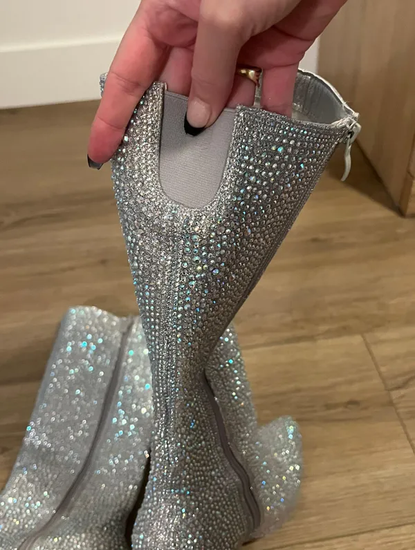 Pointed Toe Rhinestone Block Heel Boots Silver Size 8.5 - Image 4
