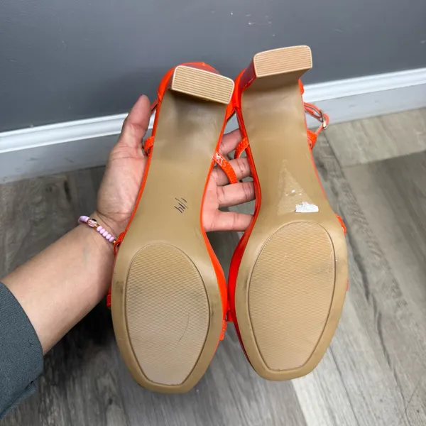Rouge! Bright Orange Patent Strappy Ankle-Wrap Heels - Image 7