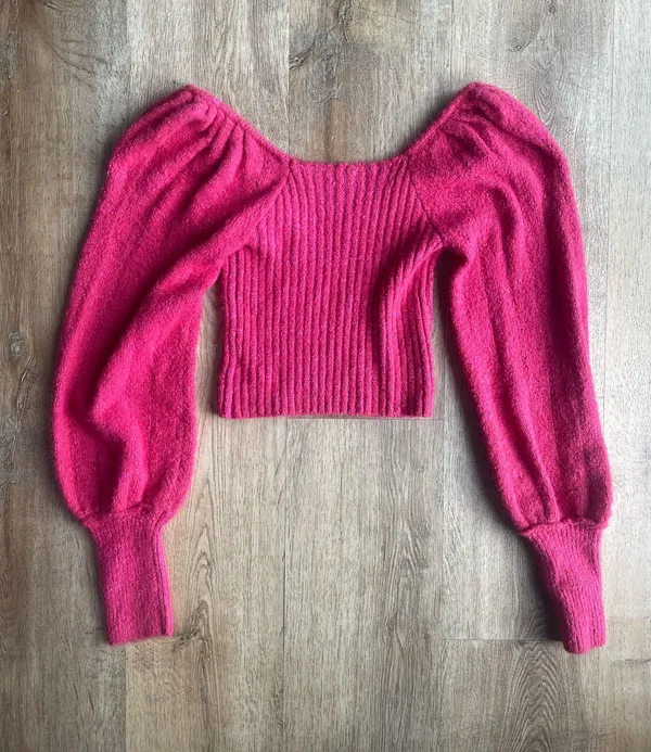 Free People Pink Puff Sleeve Sweater Top Size M Cropped Knit Square Neck - Image 5
