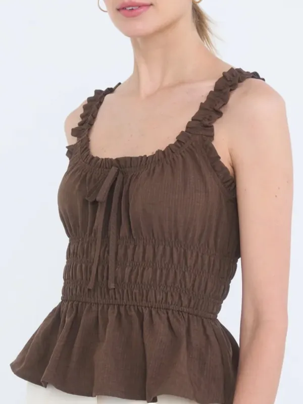 NWT Blu Pepper Brown Ruffle Front Tie Shirred Peplum Tank Top Small - Image 5
