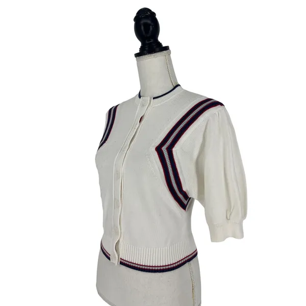 Maeve Puff Sleeve Cardigan White Inset Graphic Button Front‎ Sweater Size S - Image 6