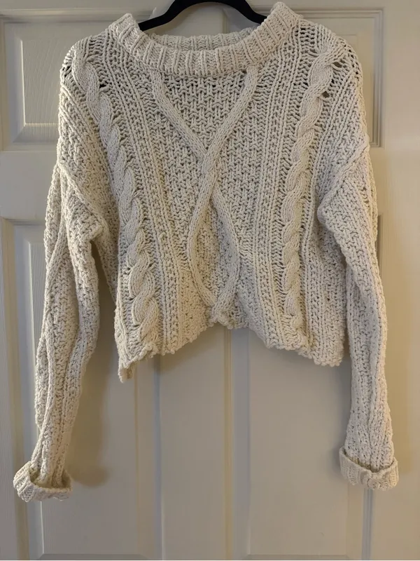Free People Ivory Cable Knit Cropped Crew Sweater - Image 5