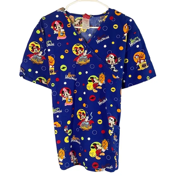 Disney Women’s Blue Mickey Mouse Halloween Wrap Tie Back Medical Scrub Top Sz XL - Image 9