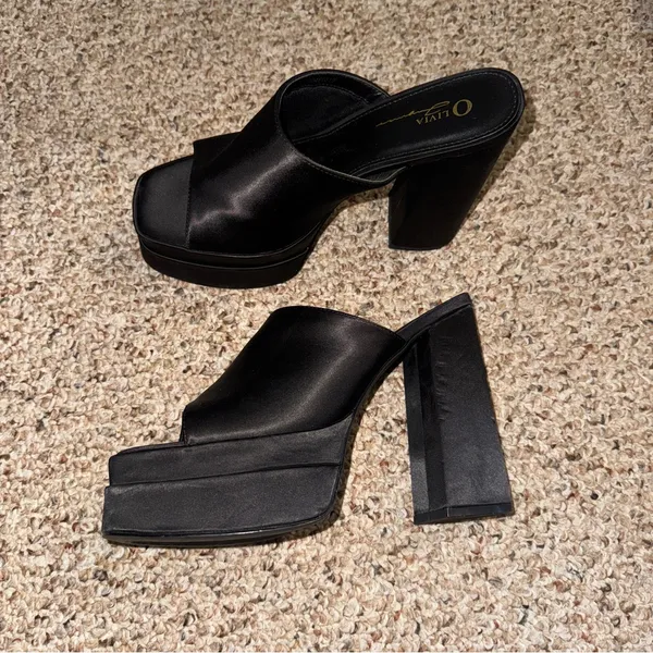 Chunky Platform Heel Mules Satin Black 9 - Image 5