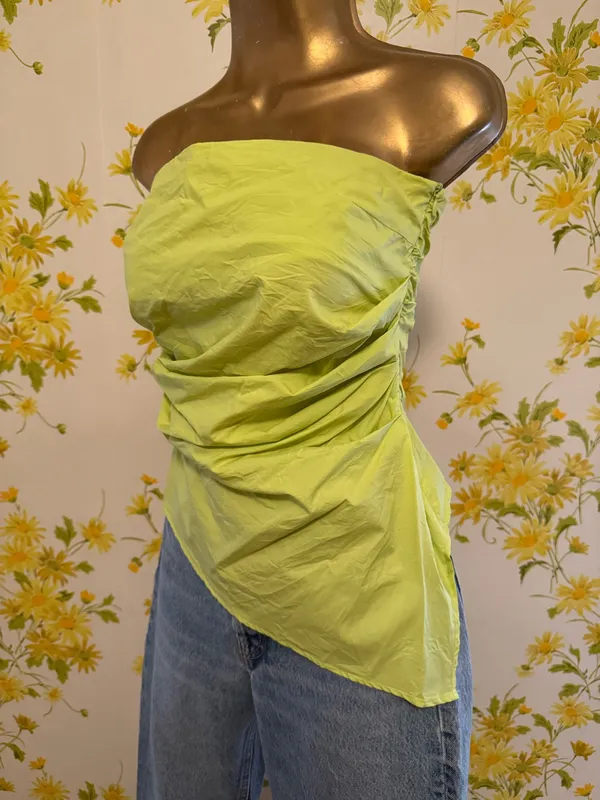 Zara Lime Green Strapless Asymmetric Draped Top size S - Image 5