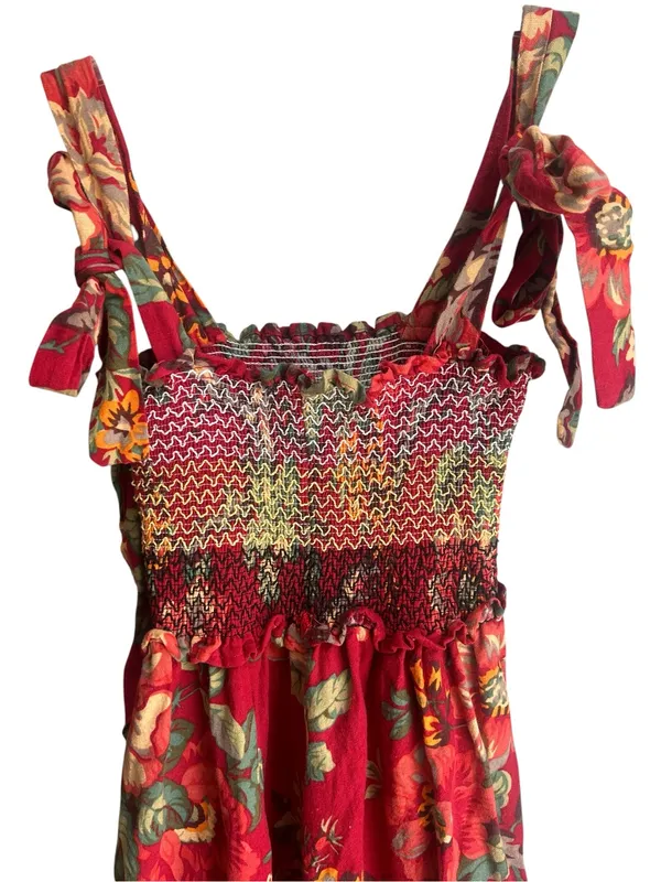 Red floral tie shoulder smocked sundress Size Medium - Image 5