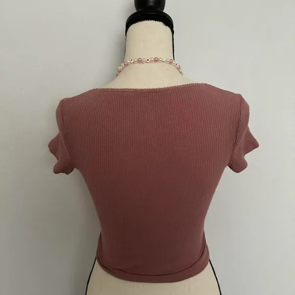PacSun cream camellia & black bow mauve wrap crop top - Image 2