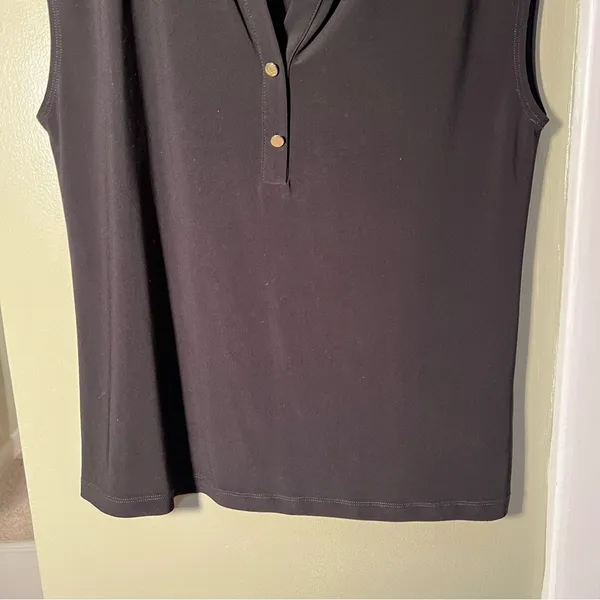 Anne Klein Women's‎ Size Medium Popover Blouse Black Cap Sleeve 2 Button Stretch - Image 5