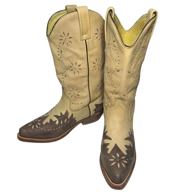 Loblan Women’s Size 7 Tan Brown Pointed Toe Leather Decorative Cowboy Boots - Image 2
