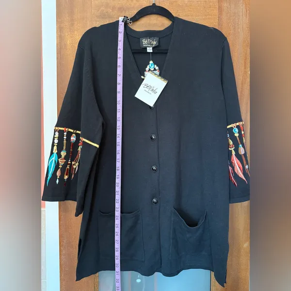 Bob Mackie Women’s Black Wearable Art Feather Cardigan Sweater Dream Catcher - Image 8