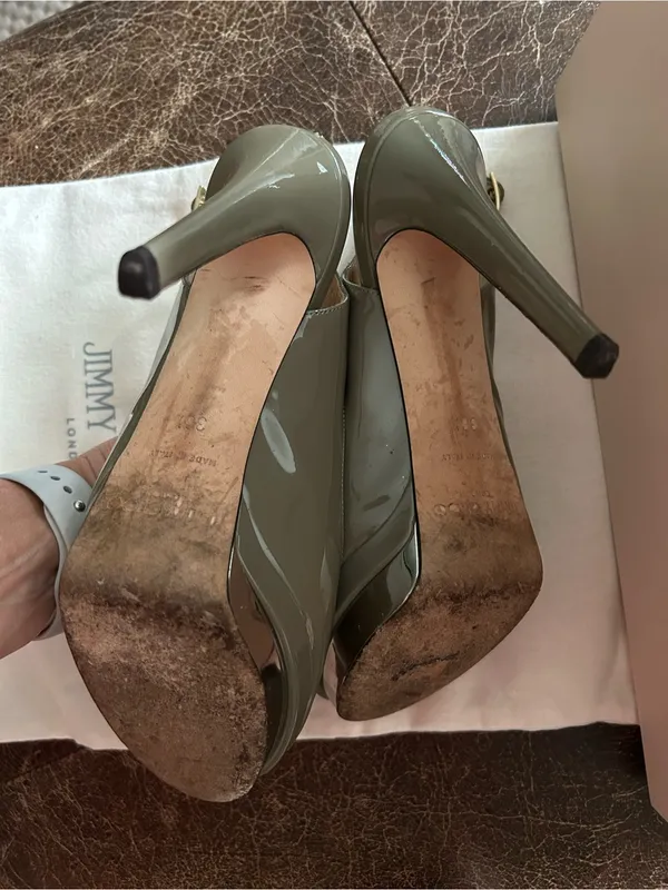 Jimmy Choo Vertigo Patent Leather Slingback Peep-Toe Pumps Pebble Palladium - Image 7