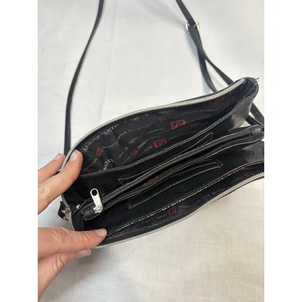 Stone‎ Mountain Black Leather Crossbody Purse Organizer Bag 8.5"x6" Zip Pockets - Image 4