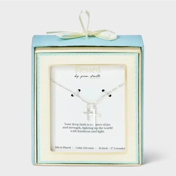 Blessed by your faith Silver Plated Cubic Zirconia Double Cross Necklace 16-19in - Image 4