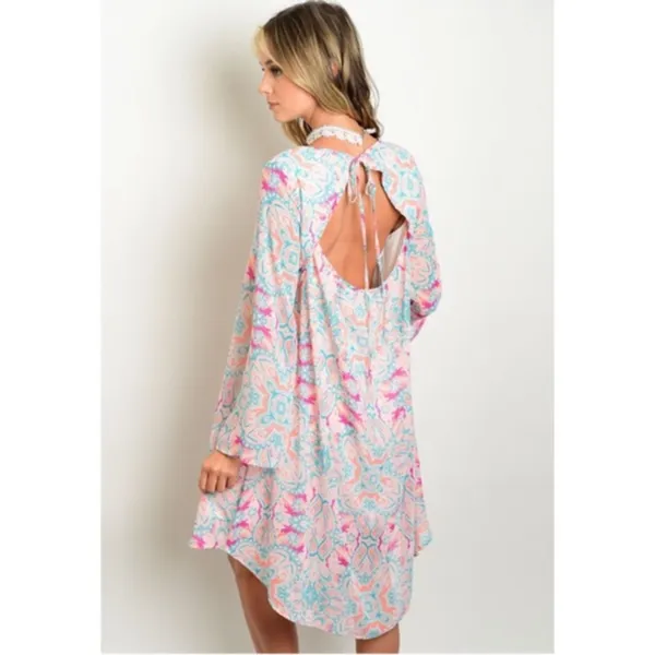 LAST Peach & Teal Multi Pattern Key Hole Dress Pink - Image 3
