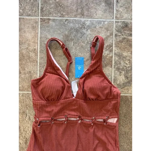 CUPSHE One Piece Deep V Neck Ribbed Texture Cutout Brown Size Medium - Image 5