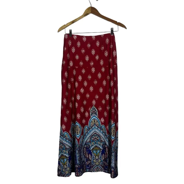 Southern Lady Paisley Medallion Border Maxi Skirt Red Boho Stretch Size M - Image 4