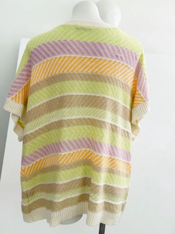 NEW Very J Open Front Cardigan Sweater SMALL Short Sleeve Striped Pastel Beige - Image 5