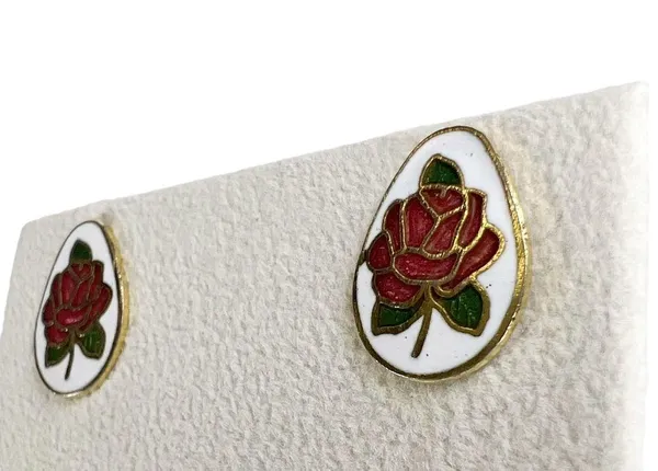 Vintage Red Rose Cloisonné Enamel Egg Shaped Pierced Earrings - Image 4