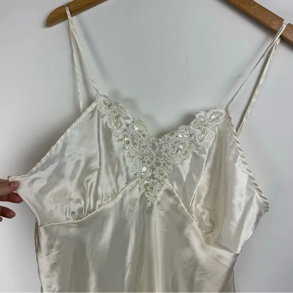 Vtg Y2K Cinema Etoile Satin Slip Cami Tank Embellished Lace Sz Large - Image 8