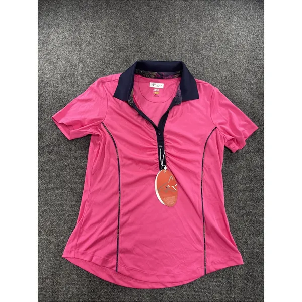 Greg Norman ML75 Play Dry Golf Polo Women Small Bright Pink Navy Ruched NWT - Image 2