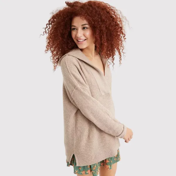 Aerie Womens Sweater Brown CozyUp Waffle Hoodie V Neck Pullover Stretch Large - Image 2