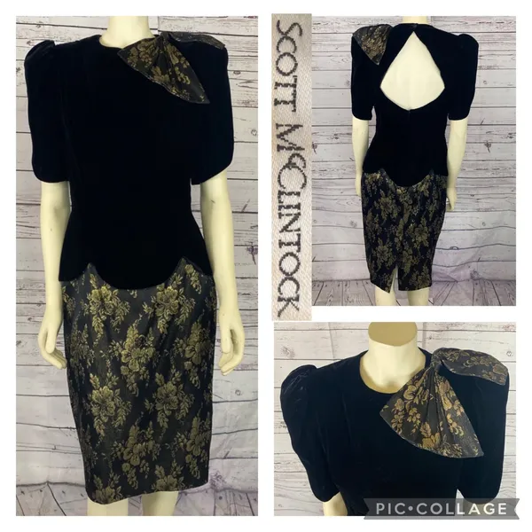 Vintage 1980s Scott McClintock Black Velvet Gold Brocade Dress Open Back S/M - Image 14
