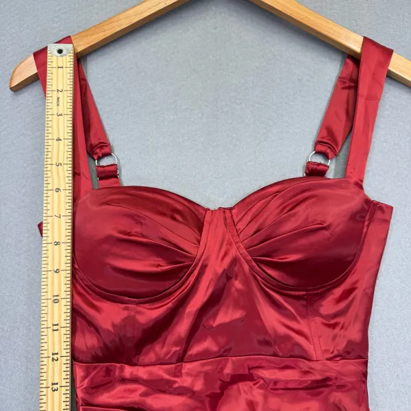 Heiress Beverly Hills Red Satin Ruched Bustier Midi Dress XS Bodycon Glam - Image 5