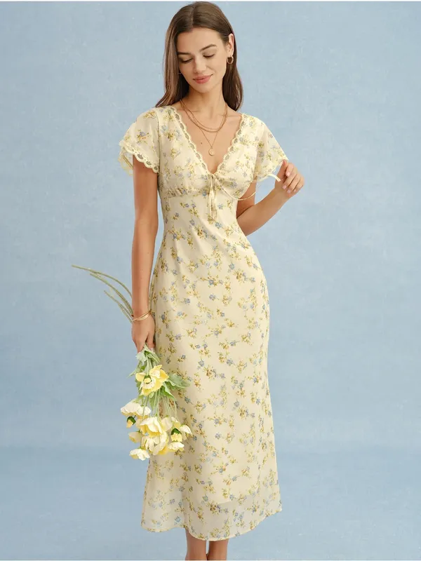 Rihoas Yellow V Neck Lace Floral Maxi Dress - Image 3