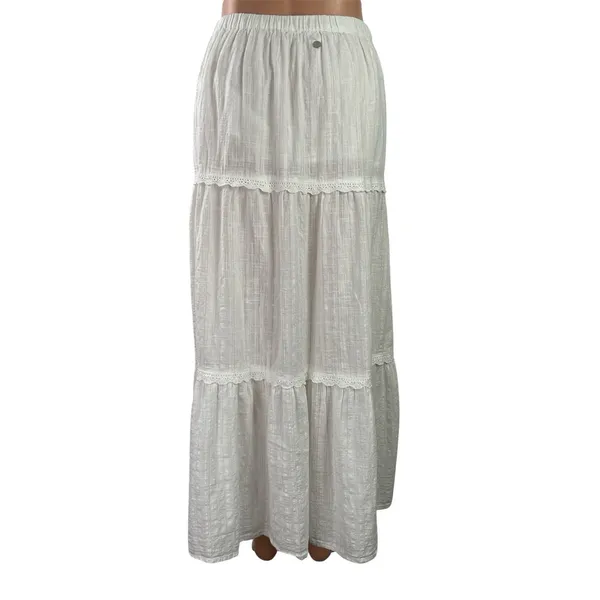 Roxy Womens White Elastic Waist Tiered Lace Trim Maxi Boho A-Line Skirt Sz XS/6 - Image 3