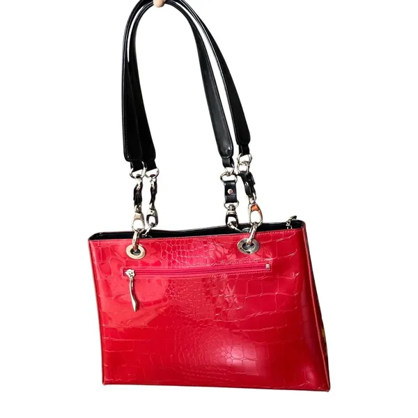 Beijo Shoulder Briefcase Bag Womens Lg Red Croc Embossed Faux Leather Tote Purse - Image 2