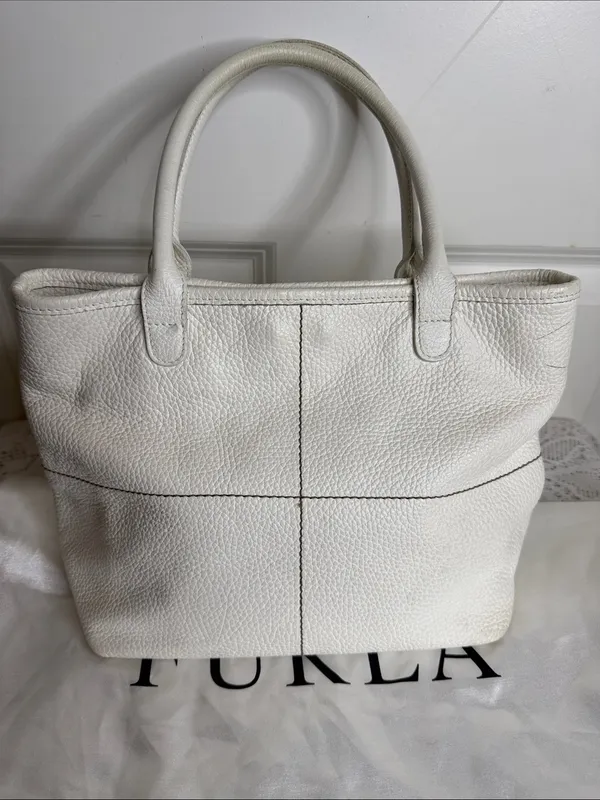 Italian Furla White Pebbled Leather Top-Handle white handbag purse - Image 5