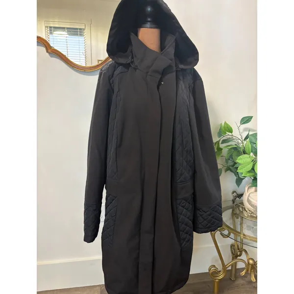 Liverpool Jeans Company Womens Black‎ Quilted Hooded Long Trench Coat Jacket - Image 2