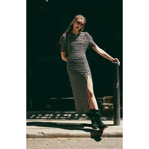 Free People Brielle Midi Dress Mesh Ruched Floral Side Slit Black Combo XS NWT - Image 3
